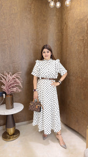 side frills small Polka dress with belt