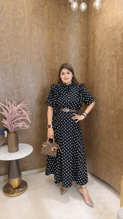 side frills small Polka dress with belt