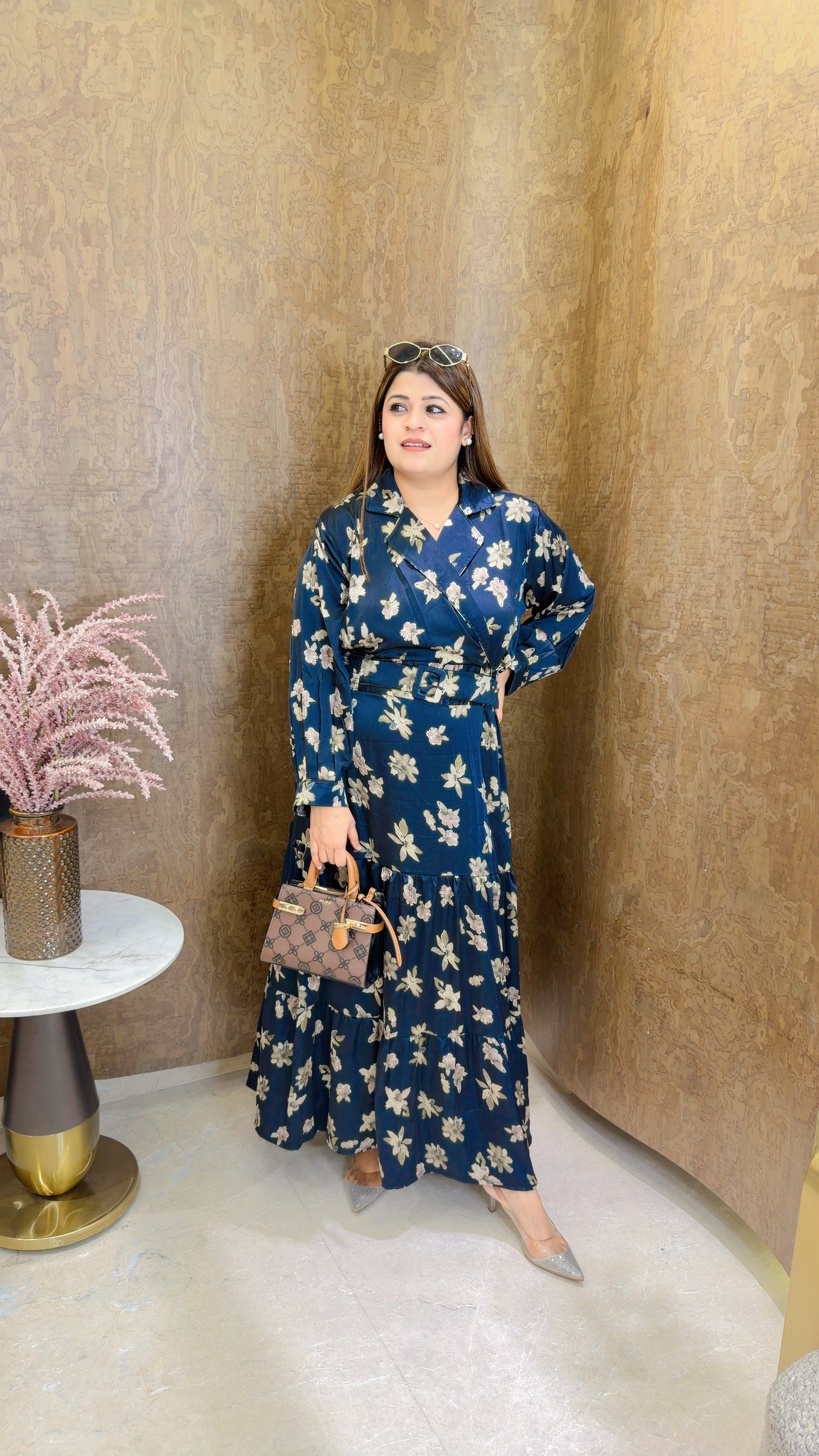 Premium satin Floral printed dress with belt