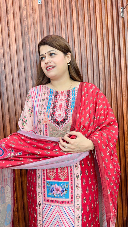 Rehnam maroon floral pure muslin suit set