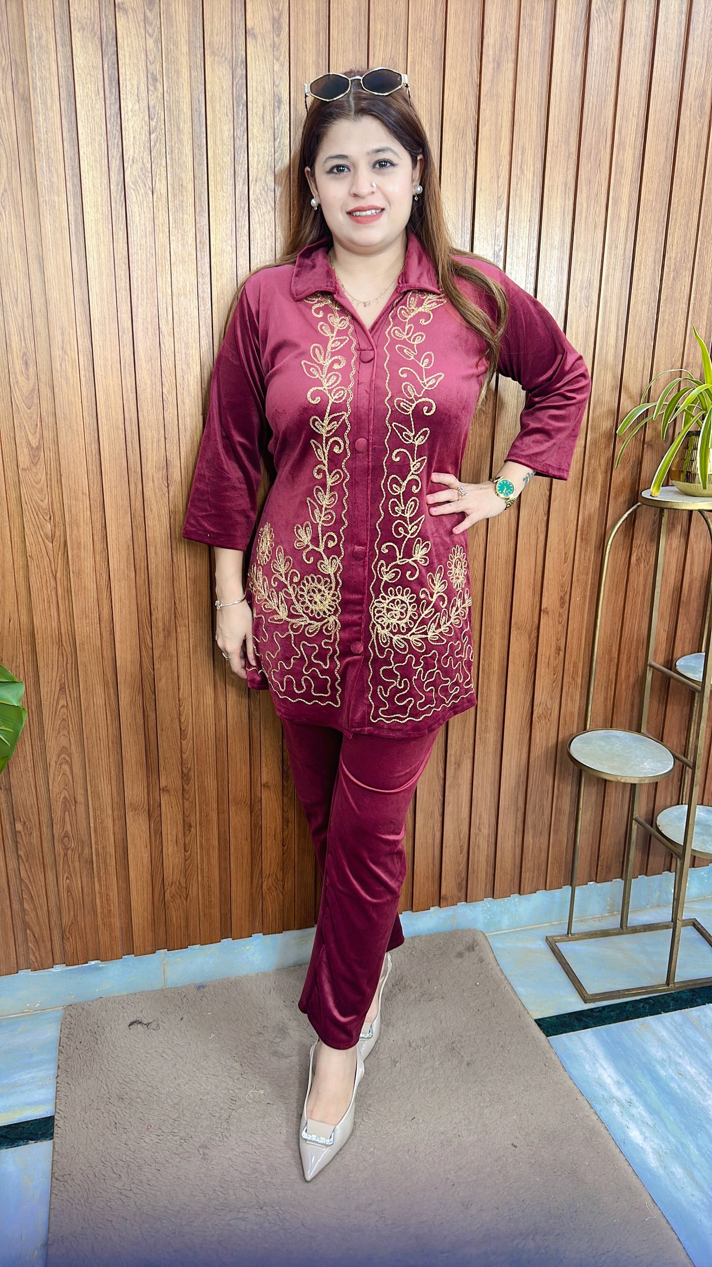 Button Thread Work Velvet Coord Set