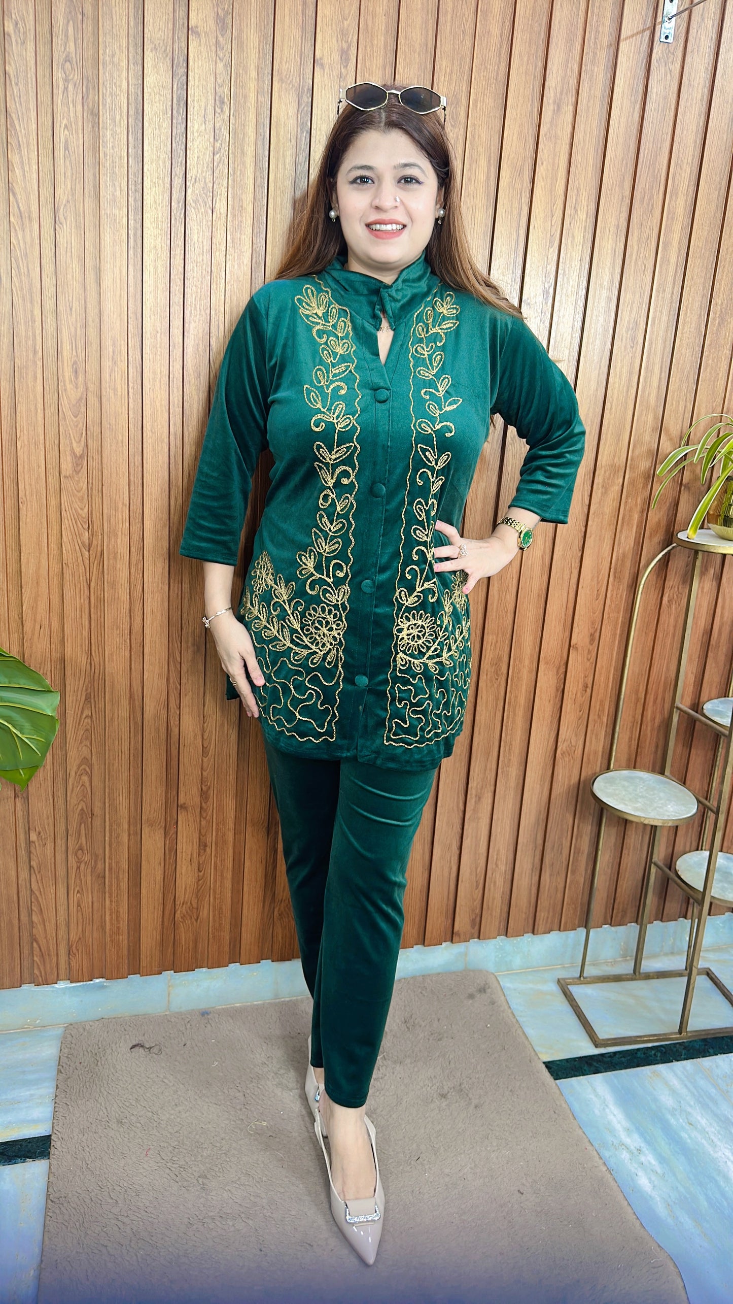 Button Thread Work Velvet Coord Set