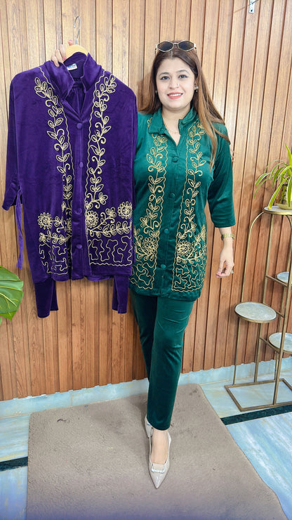 Button Thread Work Velvet Coord Set