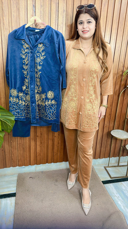 Button Thread Work Velvet Coord Set