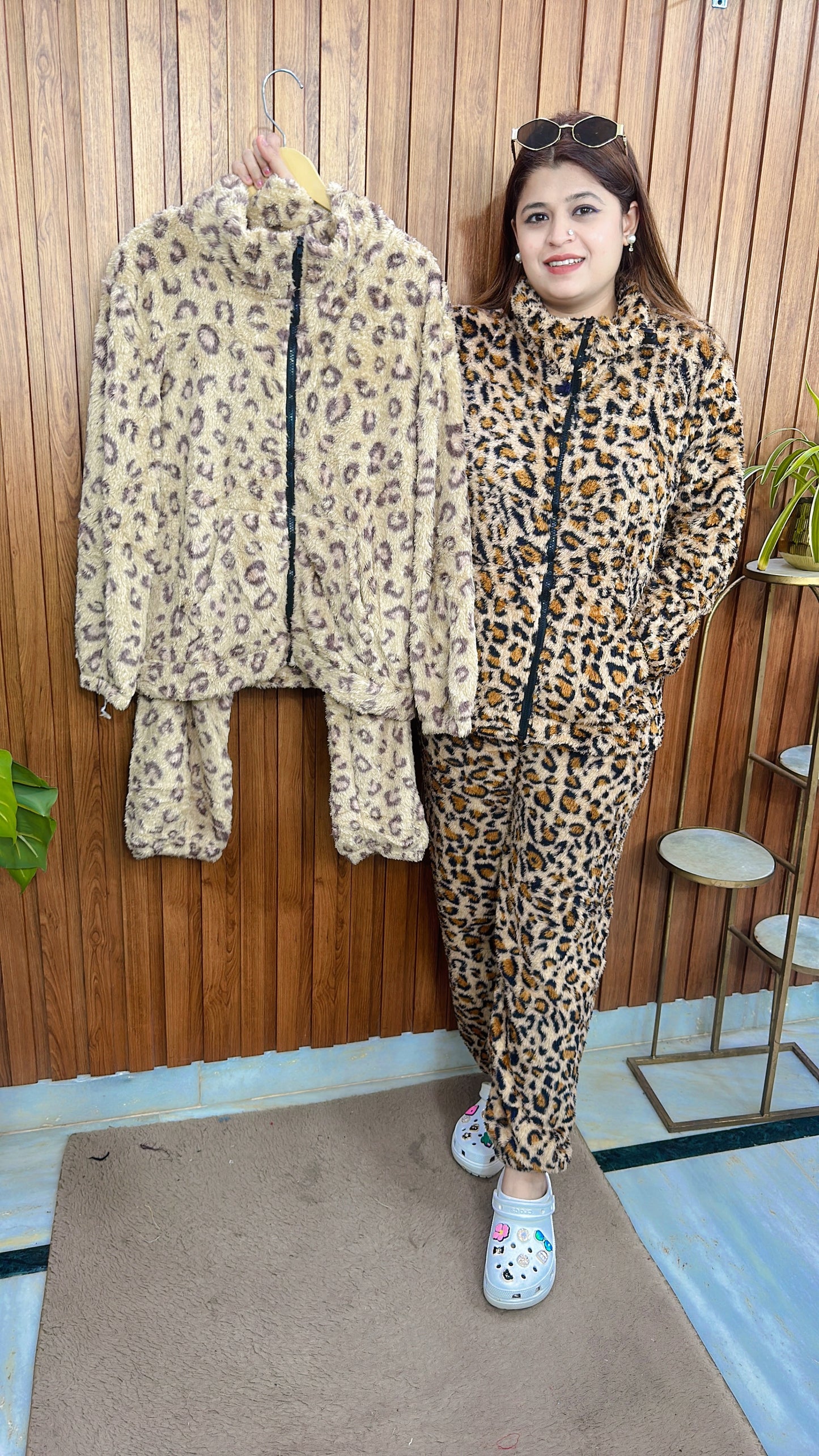 Leopard Zipper Fur Night Suit