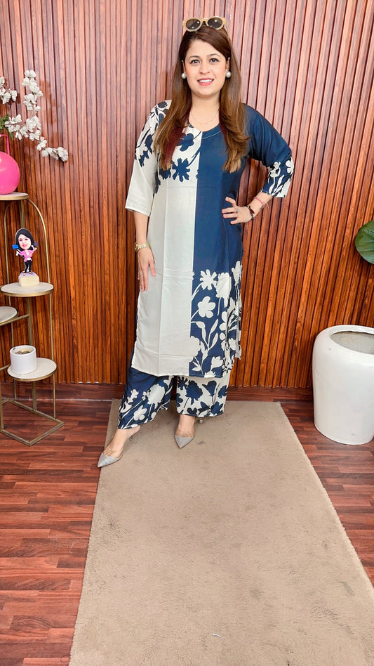 Digital Print black and white floral cotton kurta set