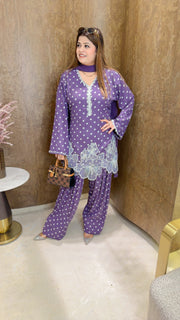 Polka three piece suit set with white flower farshi