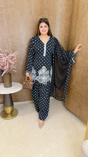 Polka three piece suit set with white flower farshi