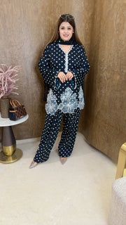 Polka three piece suit set with white flower farshi