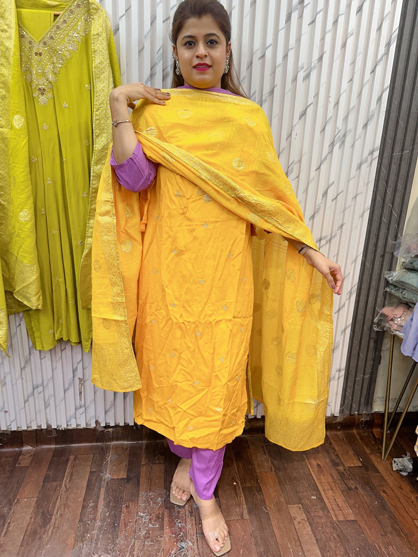 Fire Rayon Dola Suit with Banarasi Dupatta