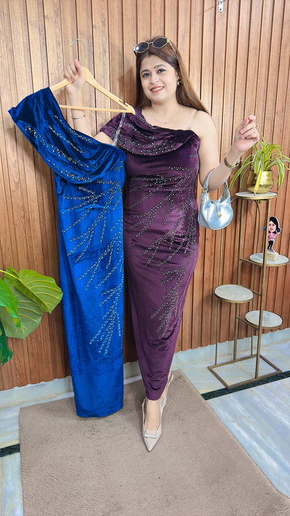 Stylish Rime Stone Velvet Dress