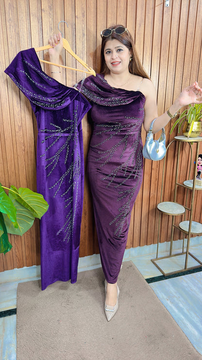 Stylish Rime Stone Velvet Dress