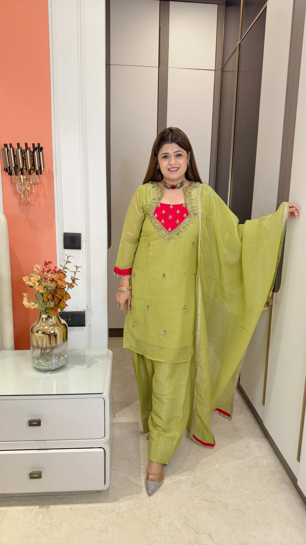 Party Wear Heavy Neck Three piece suit