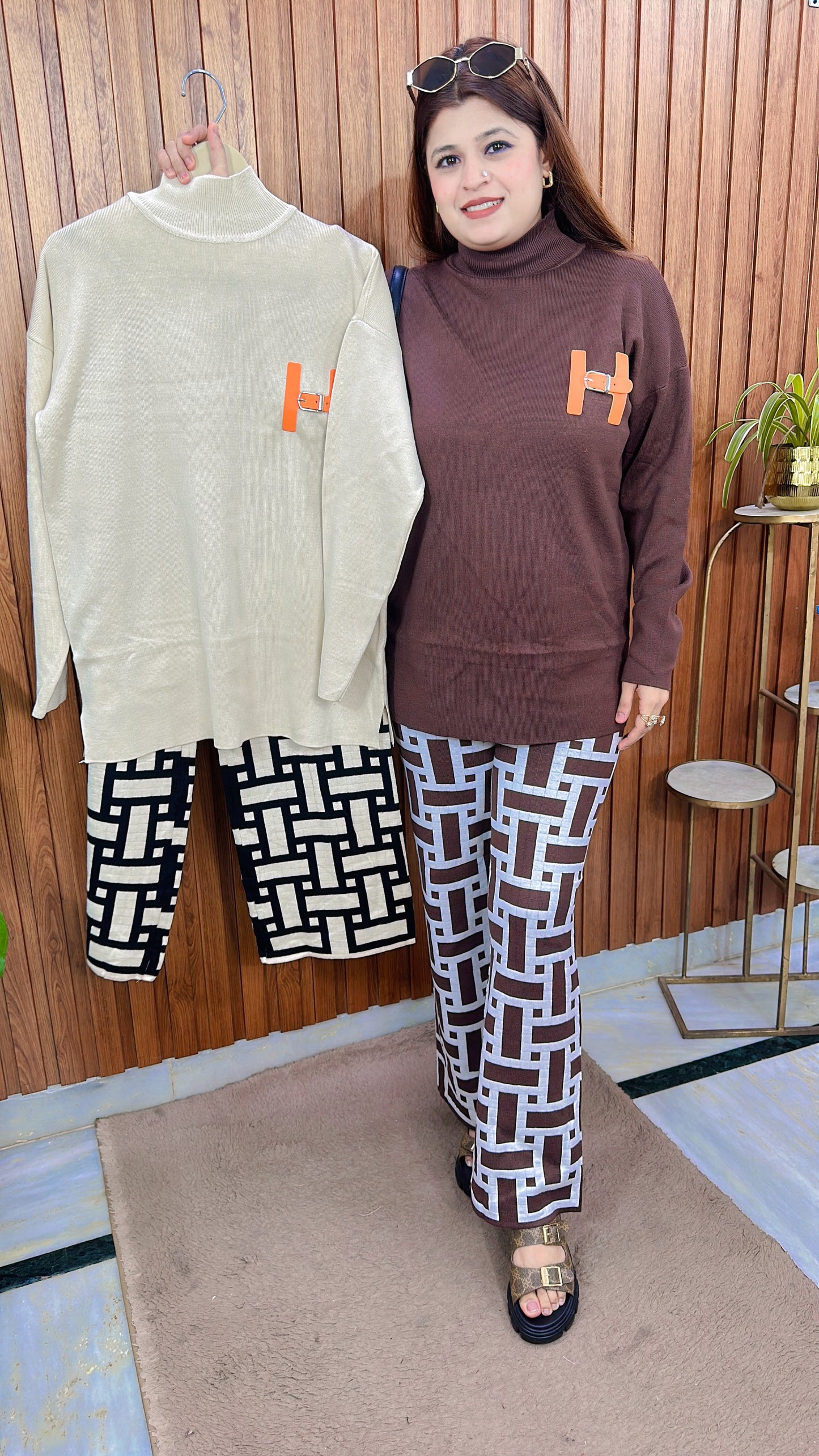 Knitted Coord Set With Geometrical Pant