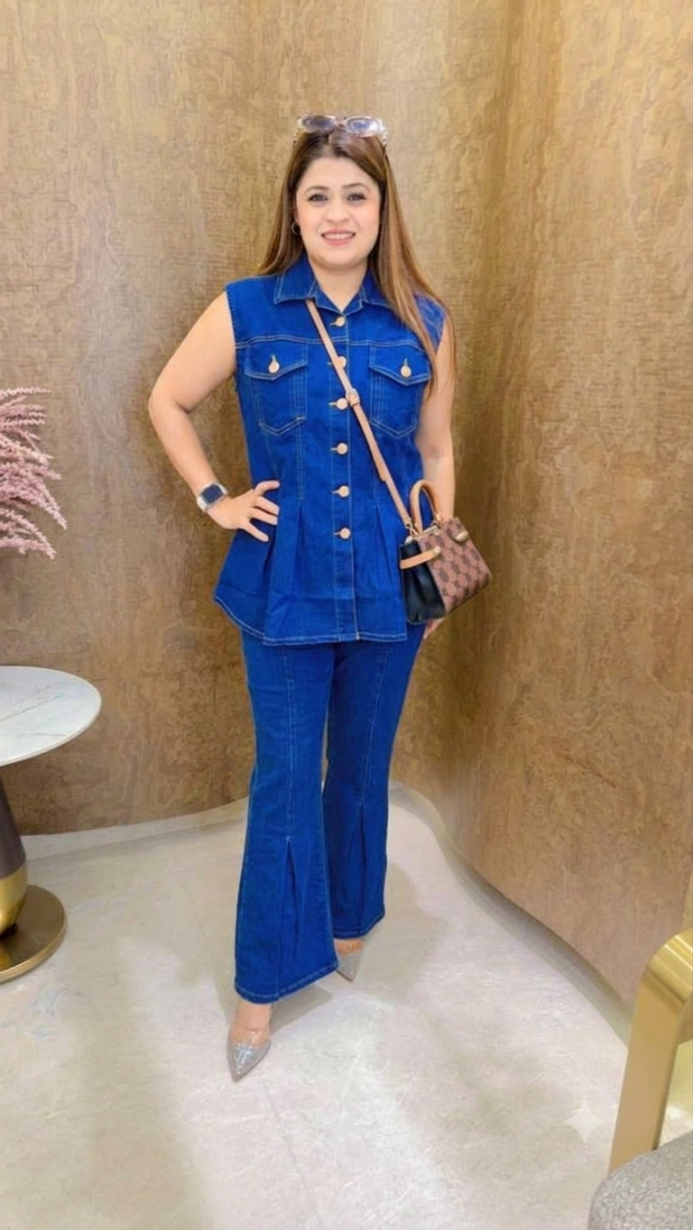Denim Cut Sleeves Peplum Style Coord Set
