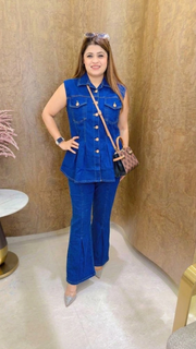 Denim Cut Sleeves Peplum Style Coord Set