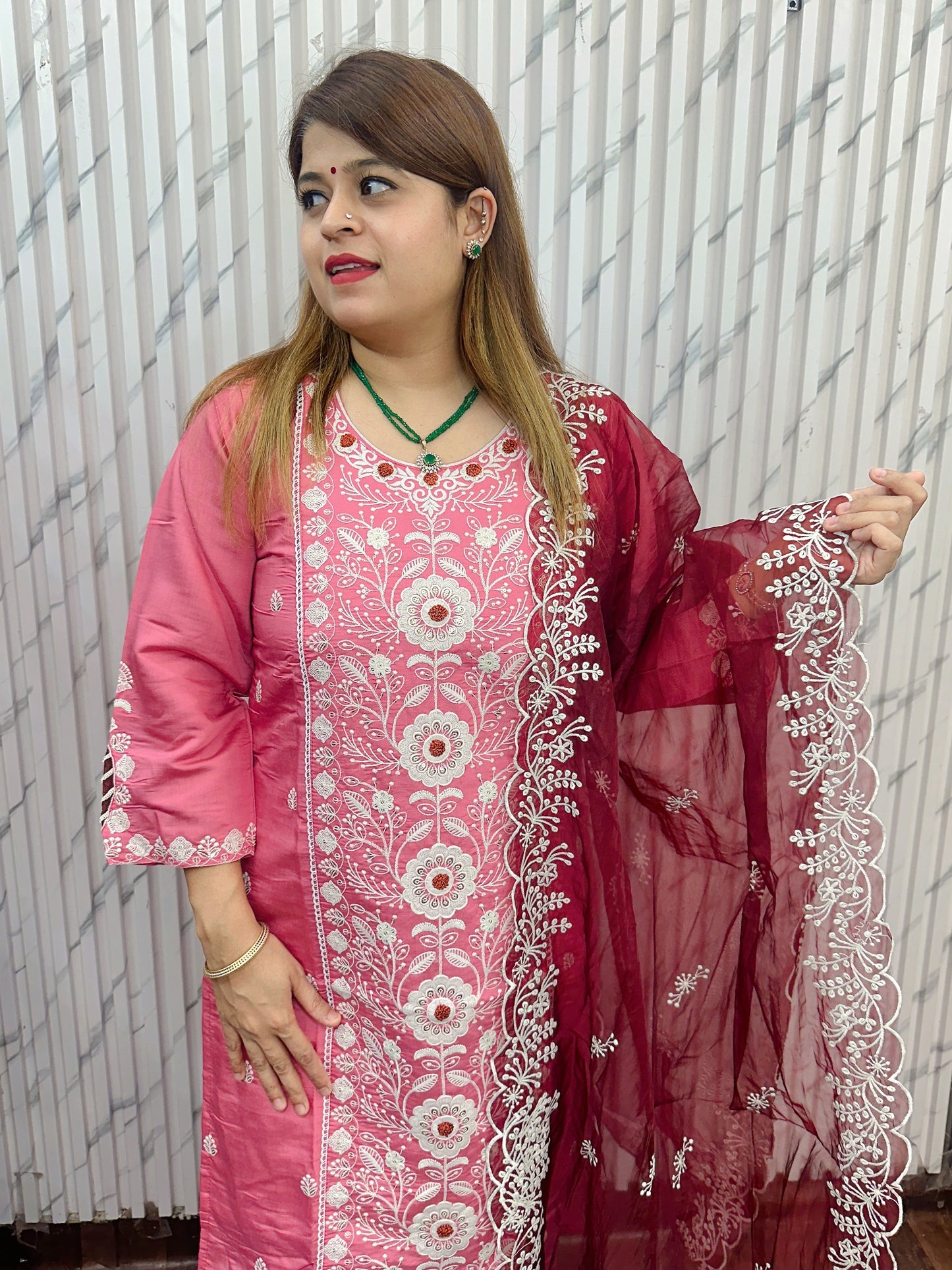 Muslin Suit Set With Contrast Dupatta