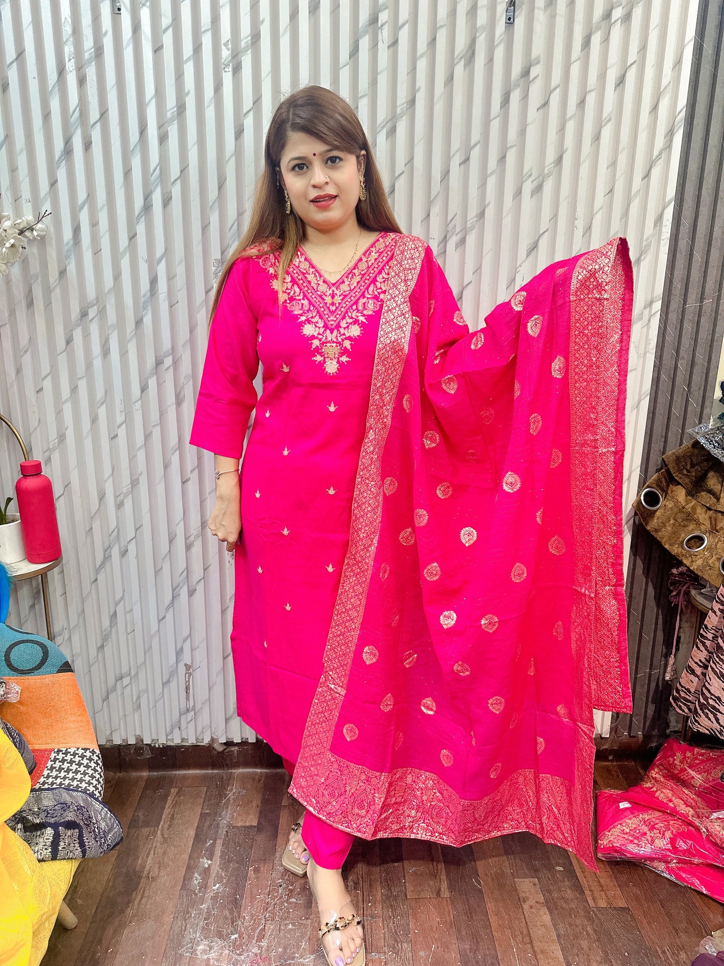 Fire Rayon Dola Suit with Banarasi Dupatta