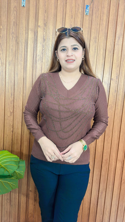 V Neck Rime Stone knitted top