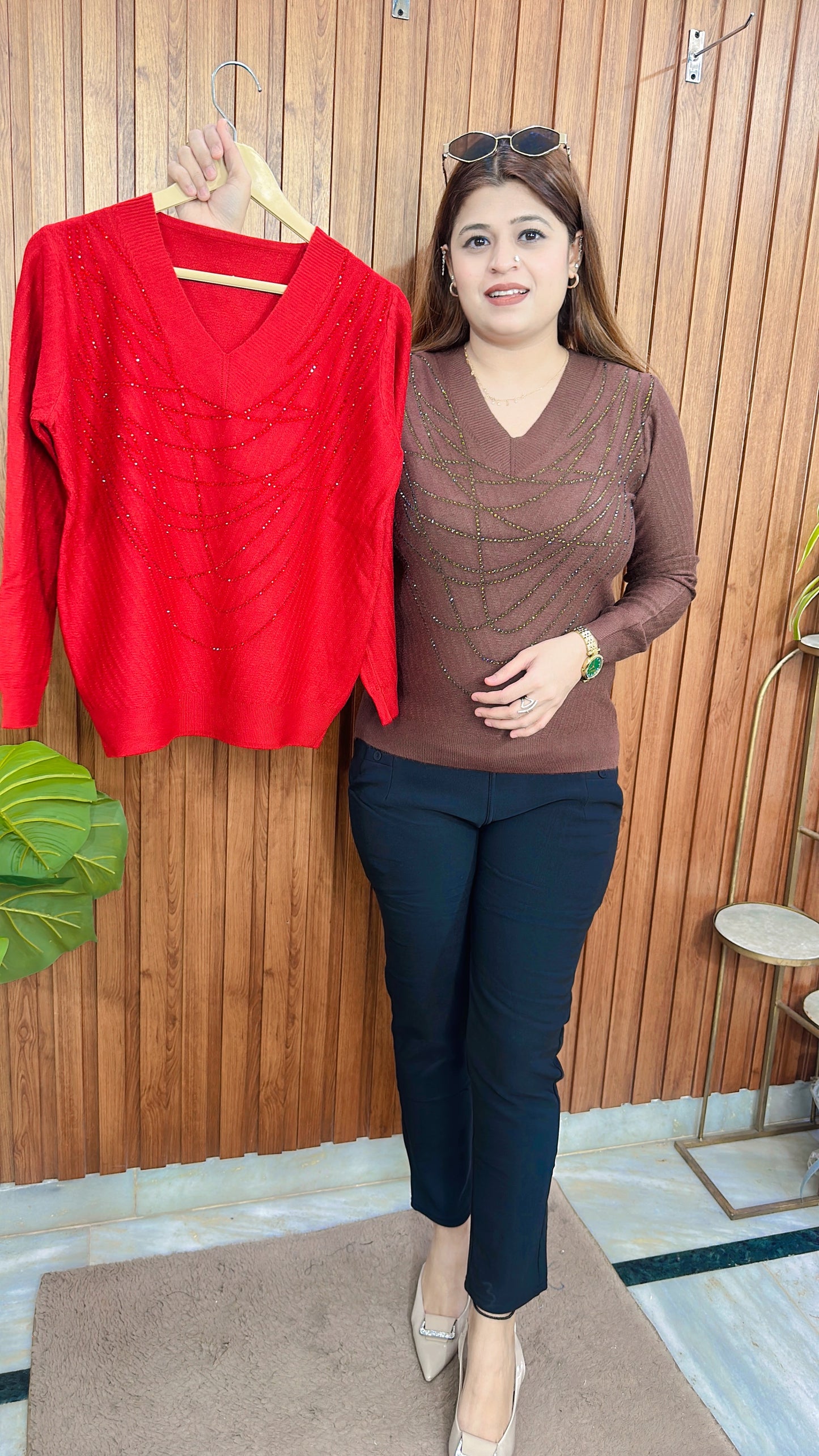 V Neck Rime Stone knitted top