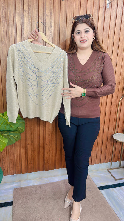 V Neck Rime Stone knitted top