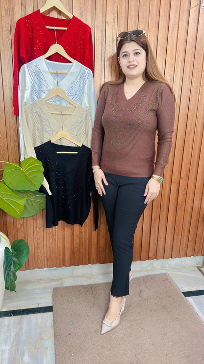 V Neck Rime Stone knitted top