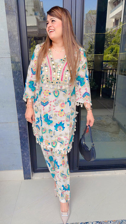 Teal blossom cotton muslin cord set