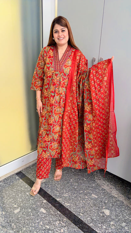 V neck Floral Pure Cotton Suit