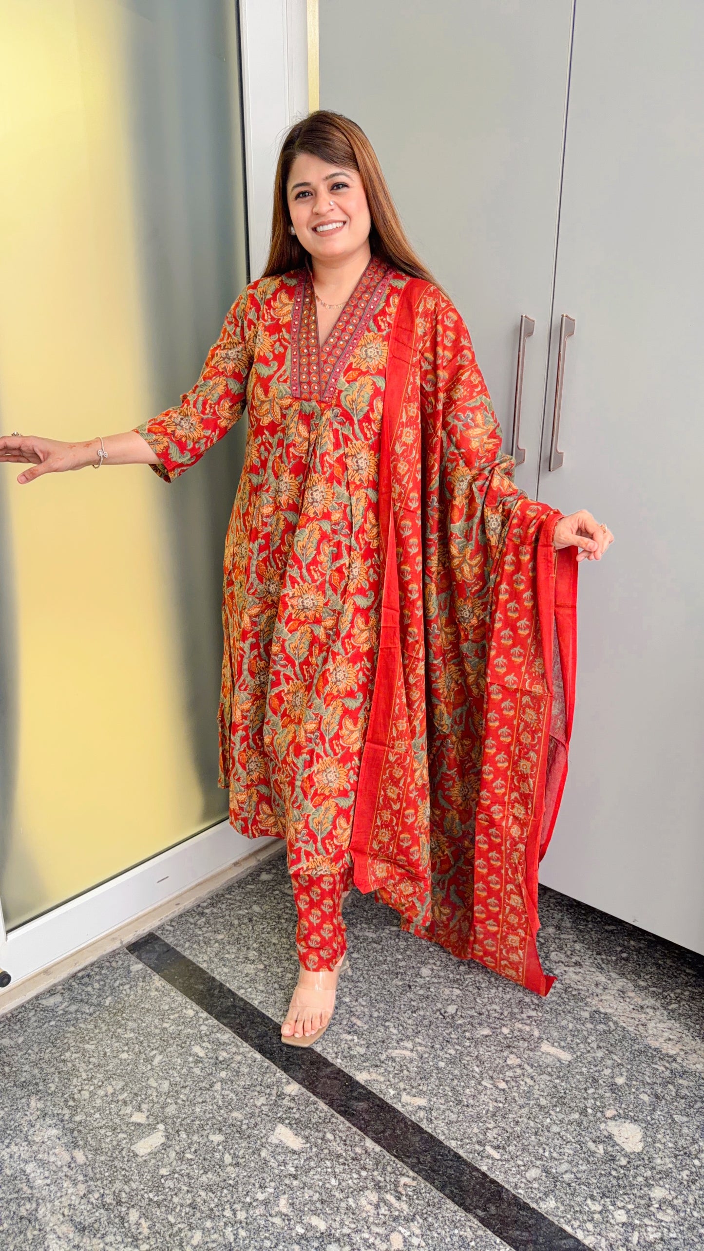 V neck Floral Pure Cotton Suit