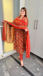 V neck Floral Pure Cotton Suit