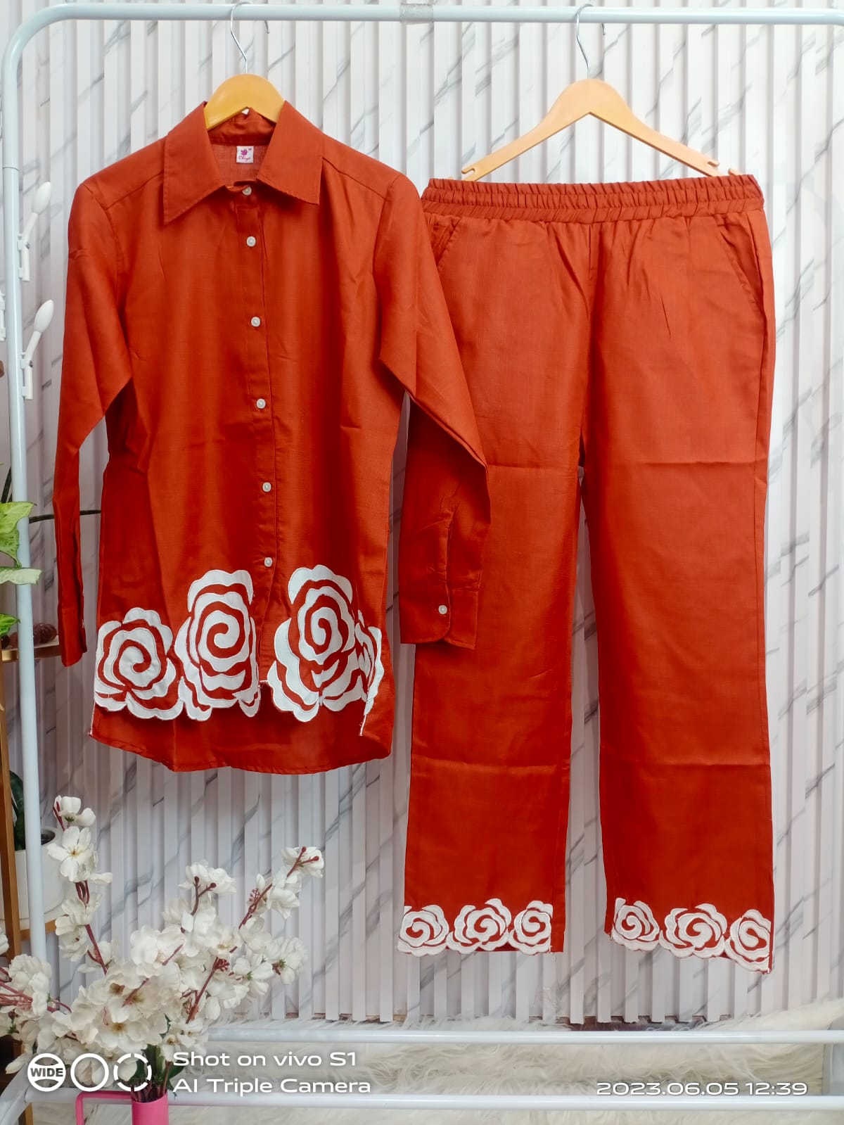 Rust With White Rose Coord Set