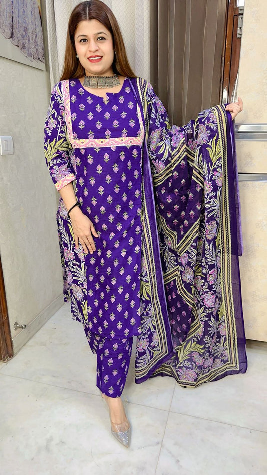 Purple cotton printed suit set