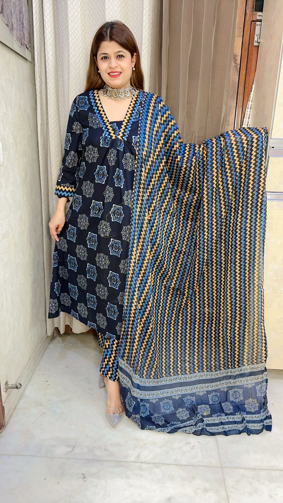 A line block print pure cotton suit set