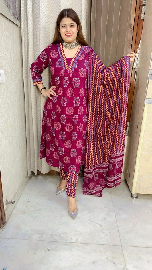 A line block print pure cotton suit set