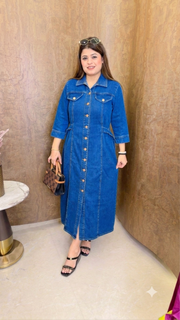 Collar Denim Dress With belt
