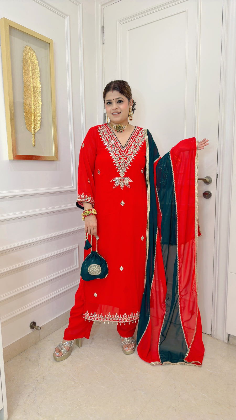 Red green Zari Glamour Suit set