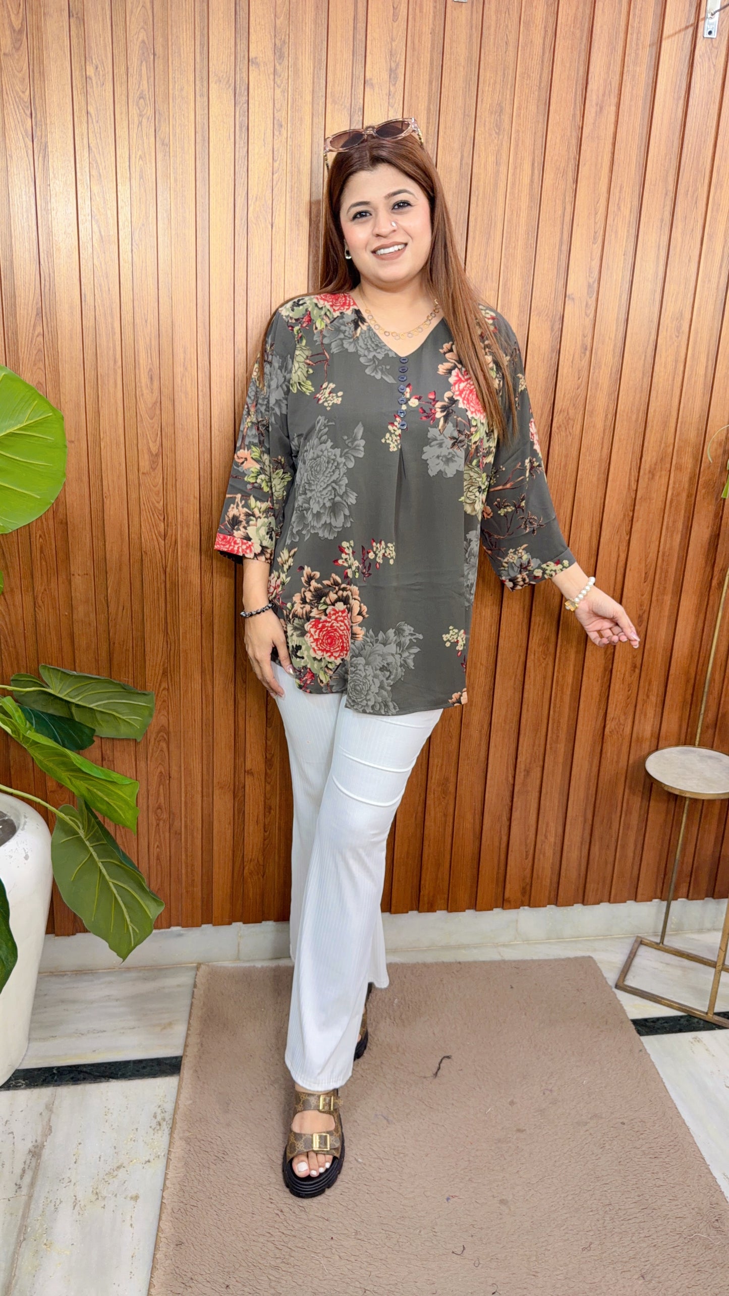 Floral Crepe Button Top