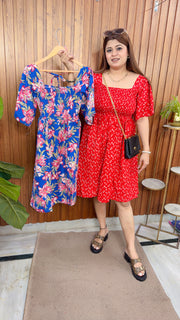 Cotton Printed Smokey Short Dress