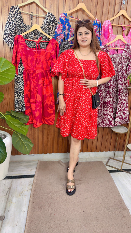 Cotton Printed Smokey Short Dress