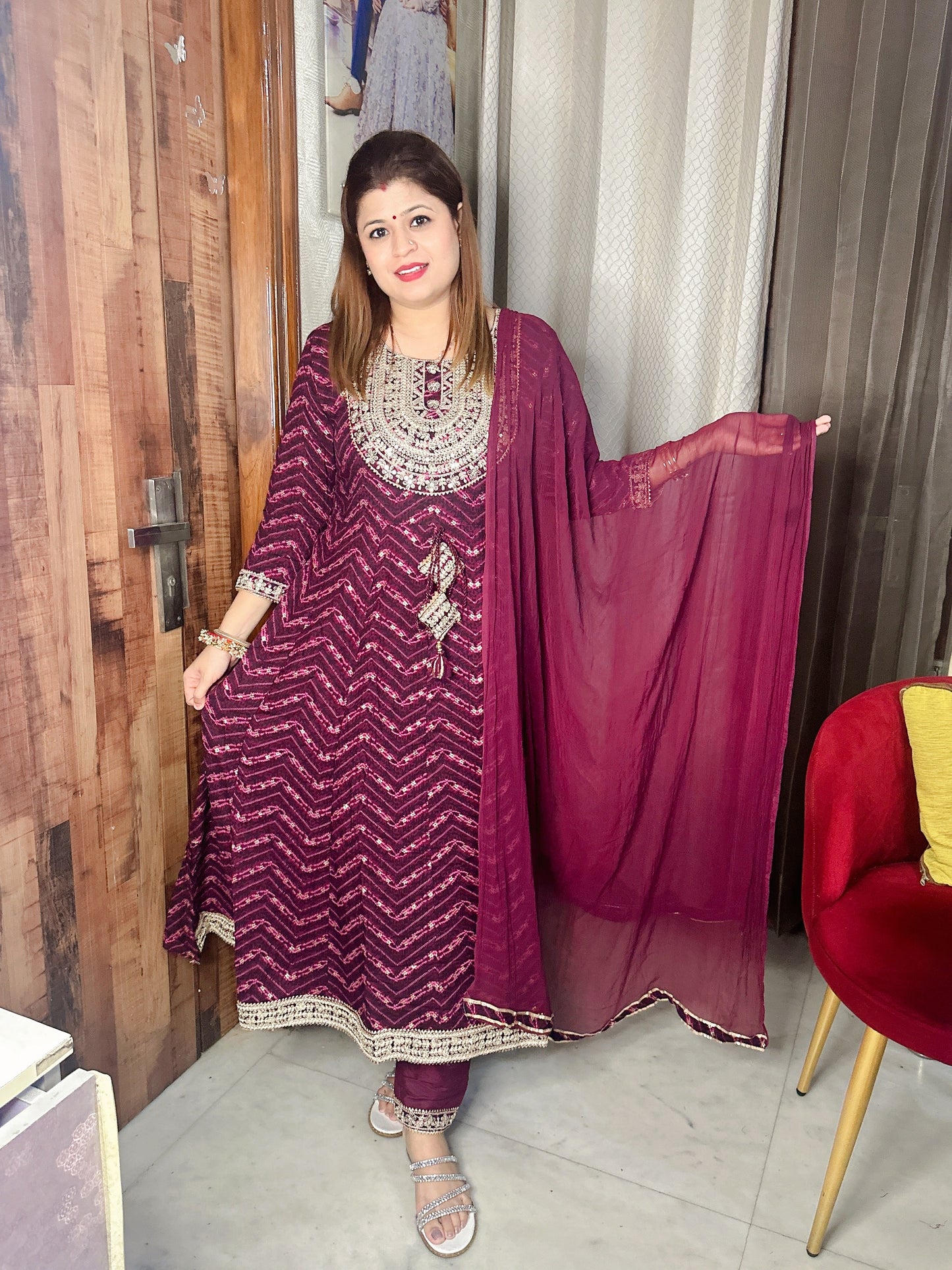 Zigzag Printed Zari Anarkali Suit Set