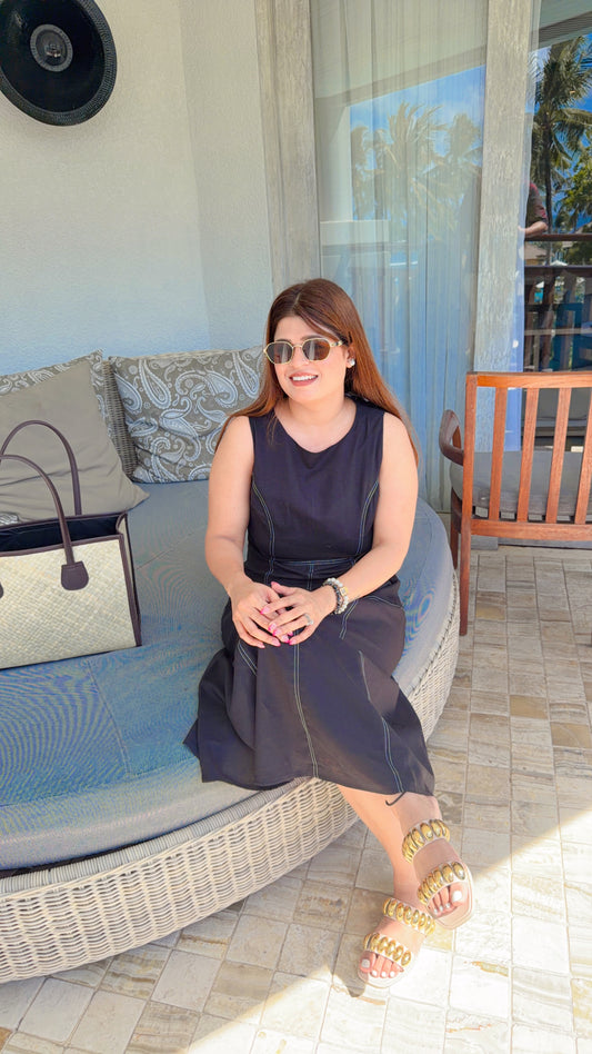 Navy blue linen solid Knee length Dress