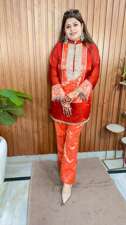 Zarqa Crimson Brocade Coord Set