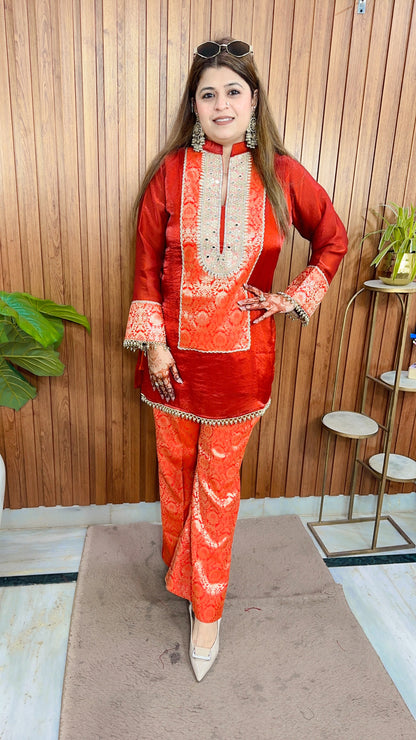 Zarqa Crimson Brocade Coord Set