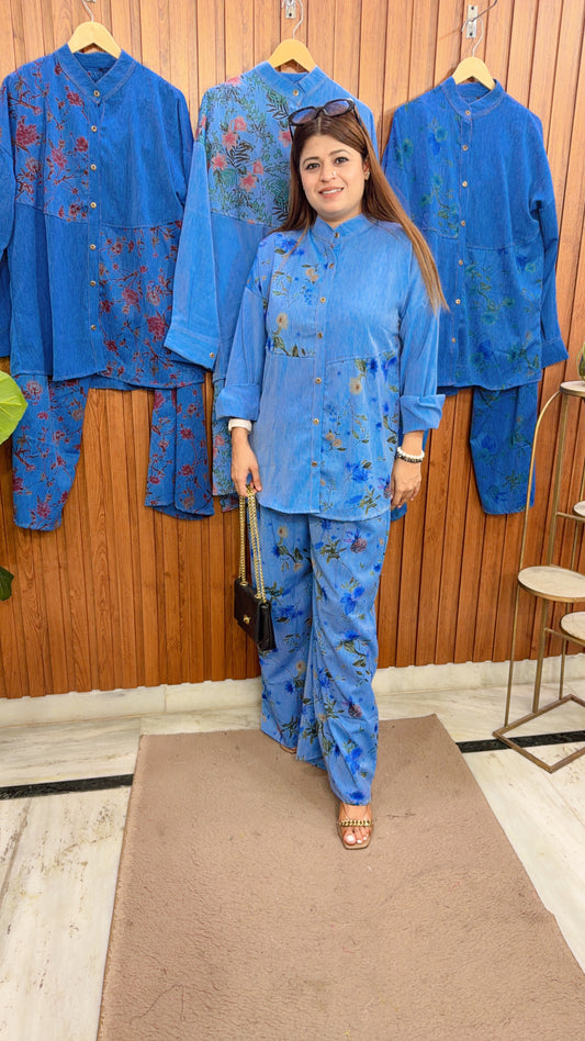 Collar Neck Printed Cotton Denim Coord Set