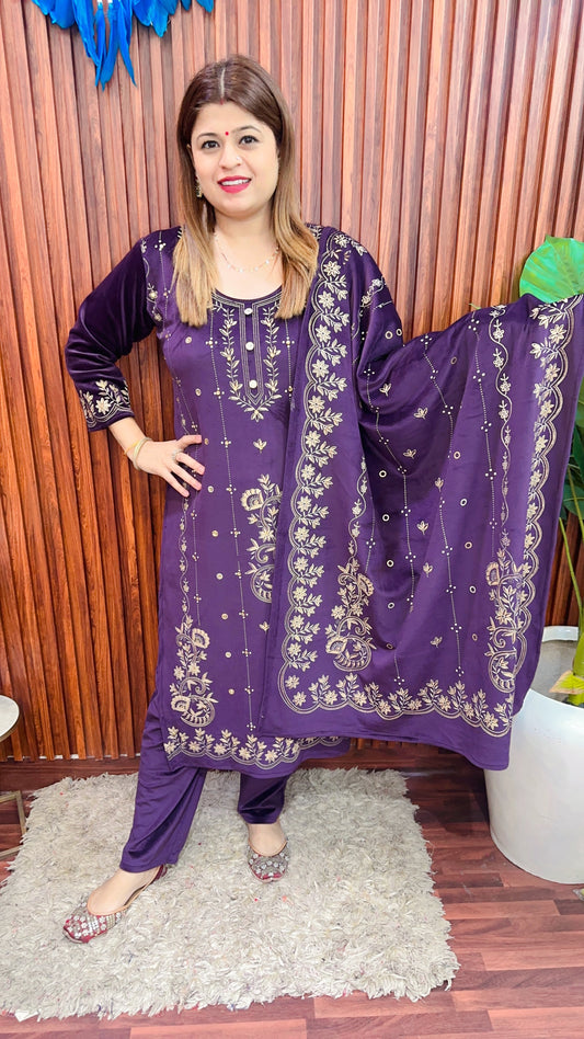 Golden Print Purple velvet Suit Set