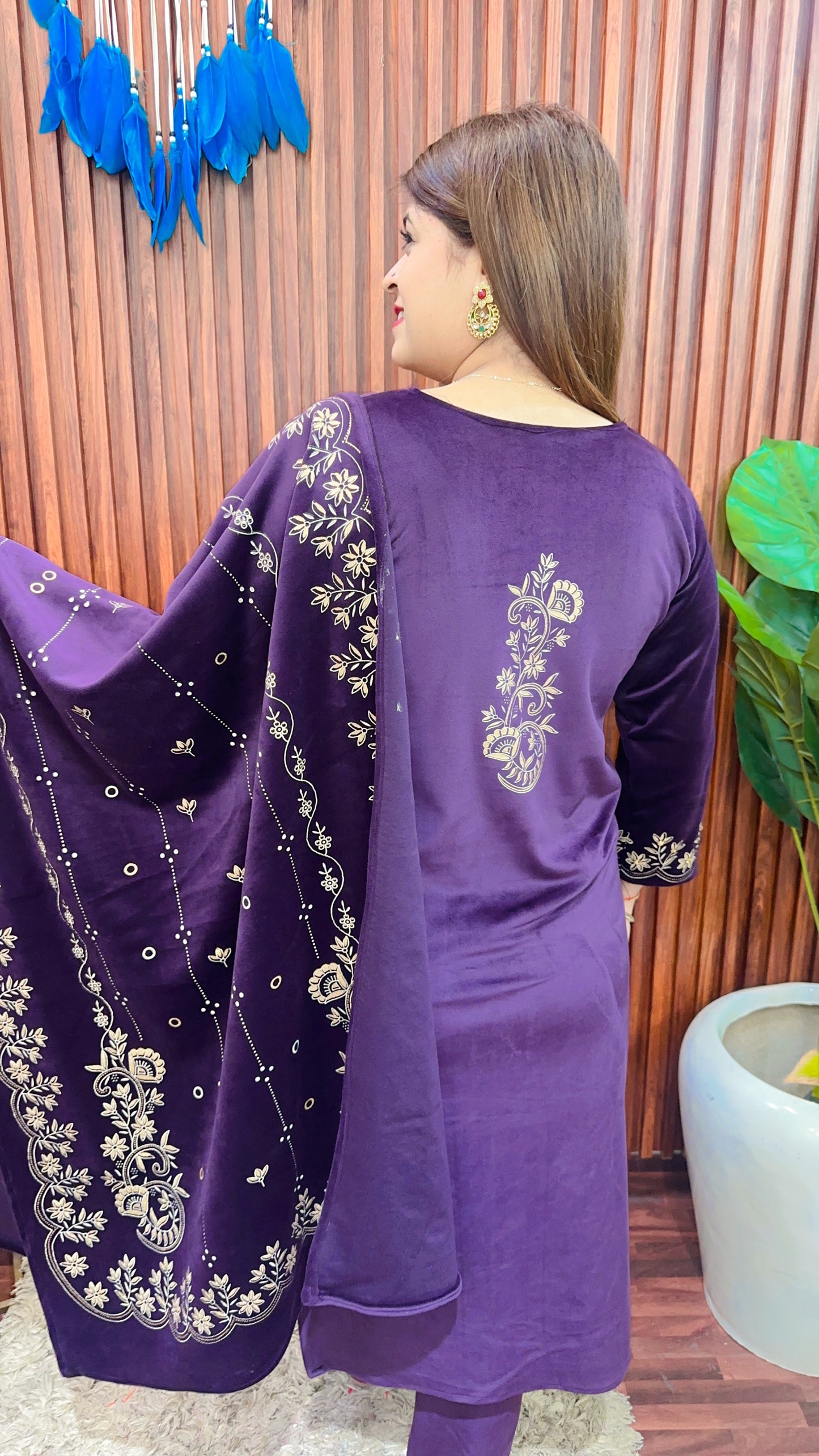 Golden Print Purple velvet Suit Set