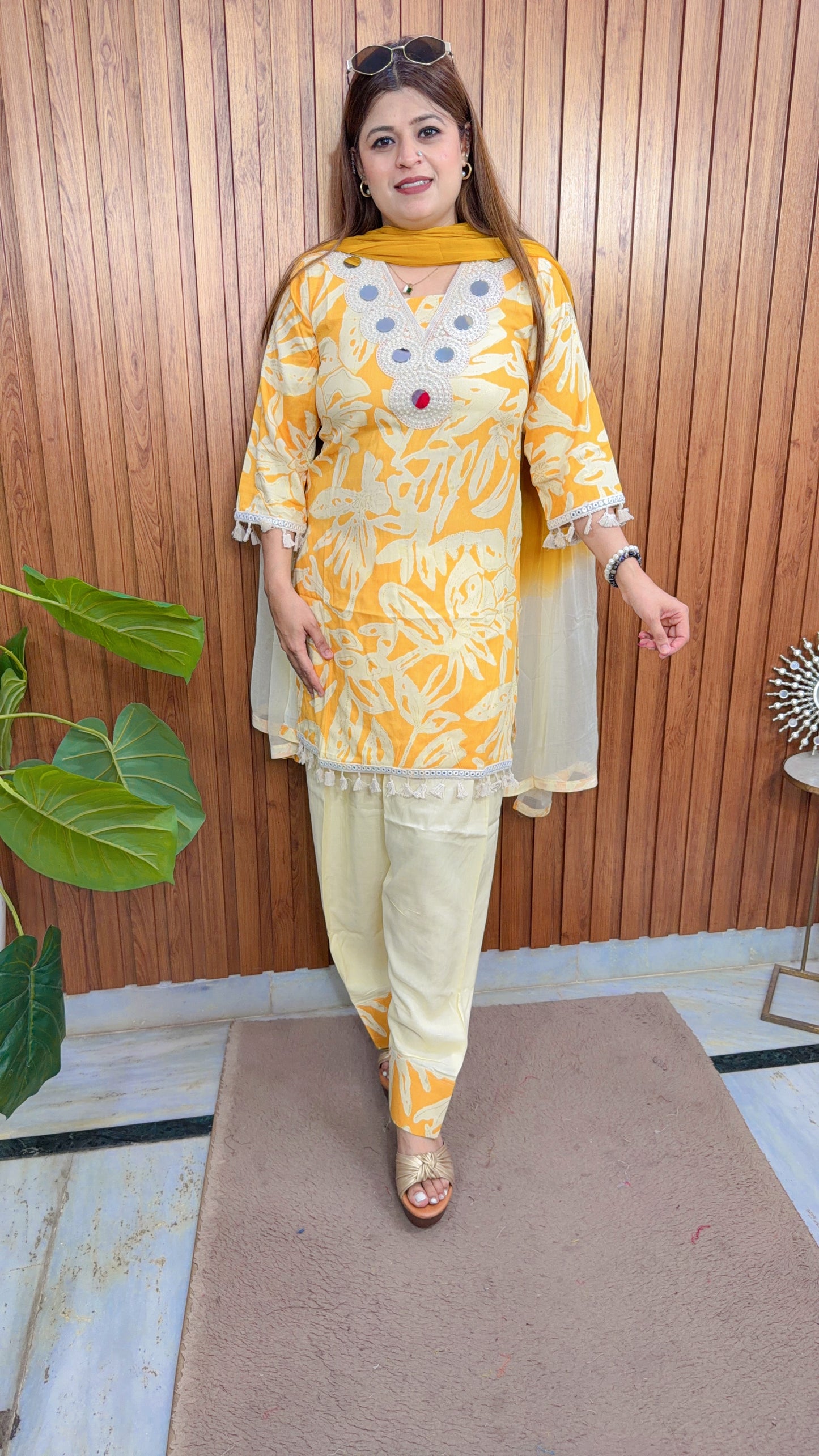 Adhira V Neck Mirror Farshi Three Piece Suit