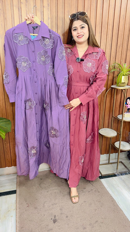 Applique Flower Cotton Maxi Dress