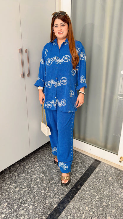 Flower Pearl Cotton Denim Coord Set