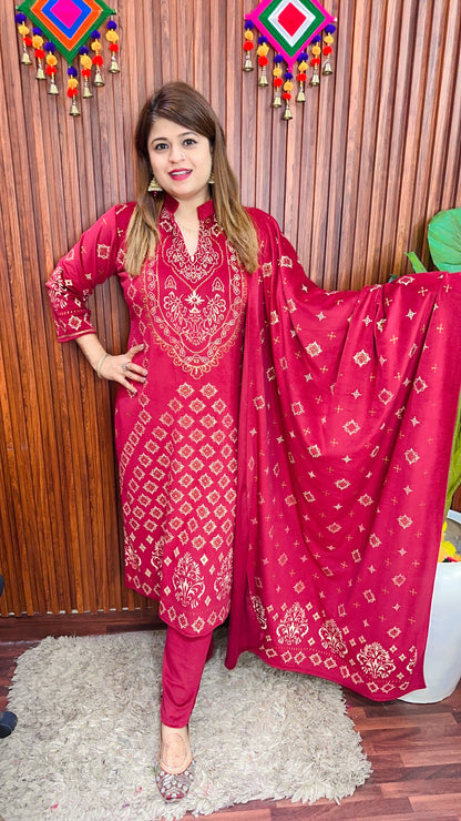 Golden Block Printed Velvet Suit Set